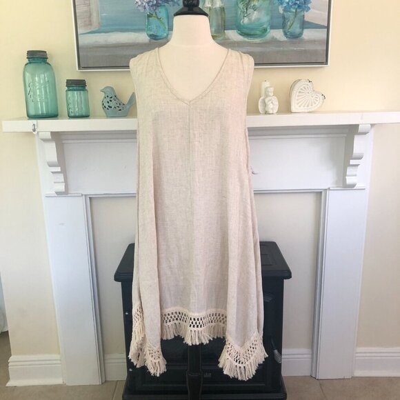 Bad Little Country Girl Tina Linen Blend Dress Crochet Fringe Hem Medium Boho - Picture 10 of 10